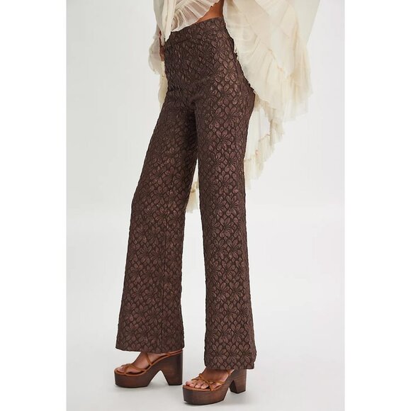 🆕 FREE PEOPLE Runaway Floral Flare Pants / French Chocolate - Picture 2 of 7